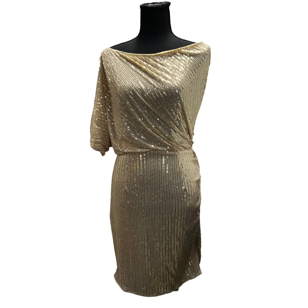 Grace‎ Karin Sequin Cocktail Dress Womens M Gold One Shoulder Ruched NWT w/Flaws